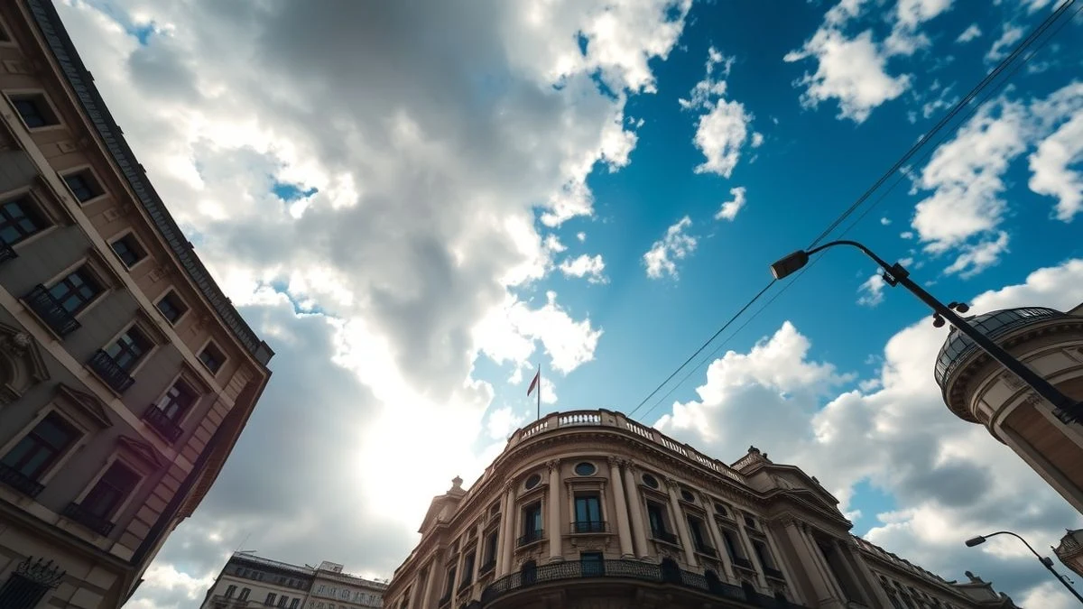 Fachada del Palacio de la Bolsa de Madrid desde un ángulo bajo con cielo nublado de fondo