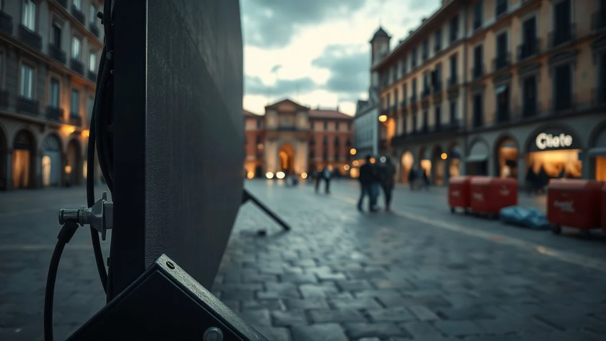 Detalle de la estructura metálica y cables de una pantalla gigante en una plaza de piedra al atardecer