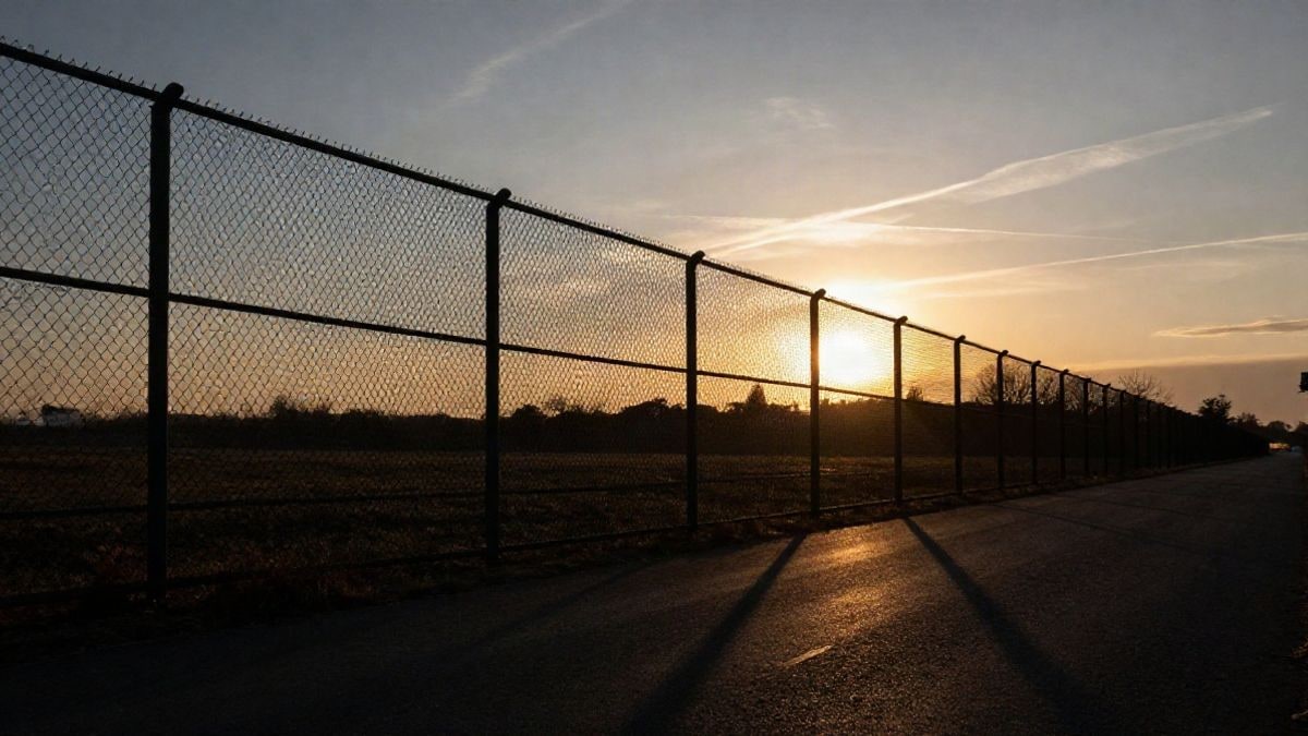 Illustrative image: border scene at sunset with silhouettes and long shadows, without people or identifiable elements.