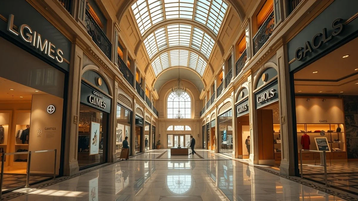 Interior vacío de una galería comercial de lujo con tiendas y claraboya