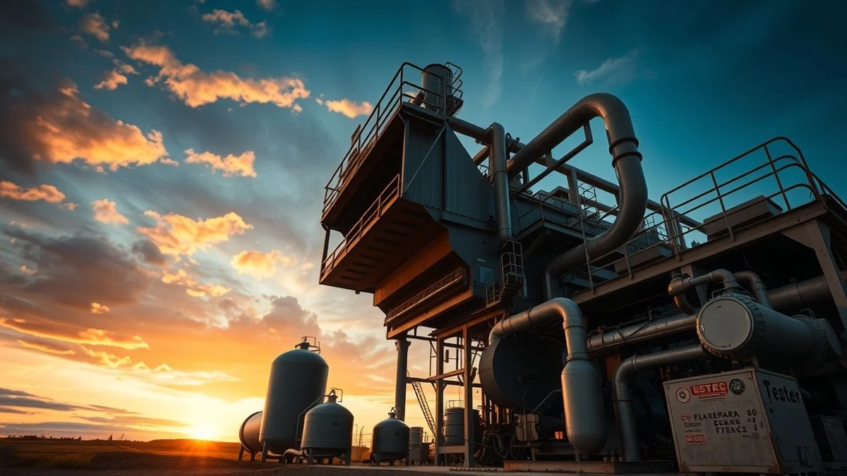Imagen ilustrativa: máquina industrial metálica con tuberías y un ventilador, al atardecer, con un cielo de fondo.