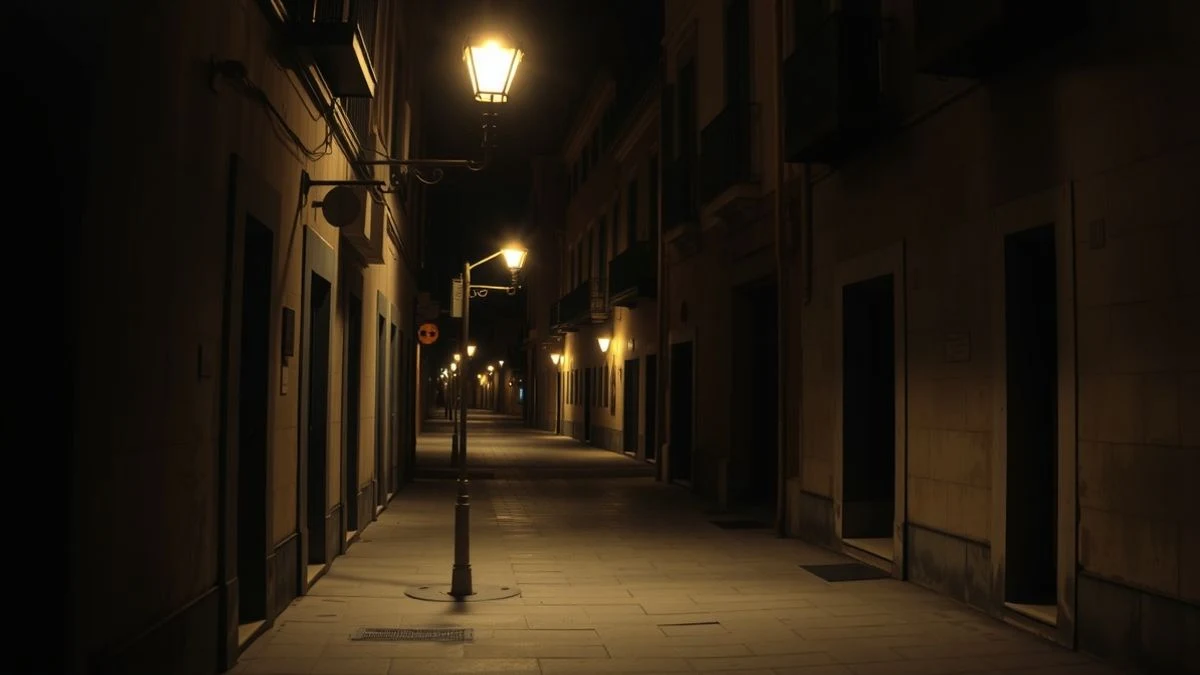 Calle vacía de noche en Valladolid con una farola y sombras, sin personas