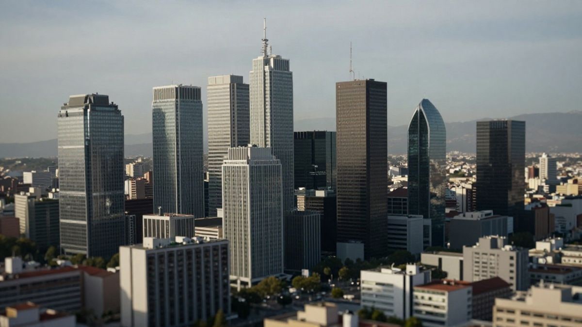 Illustrative image: aerial view of a modern financial district, representing urban economic activity in a Spanish context.