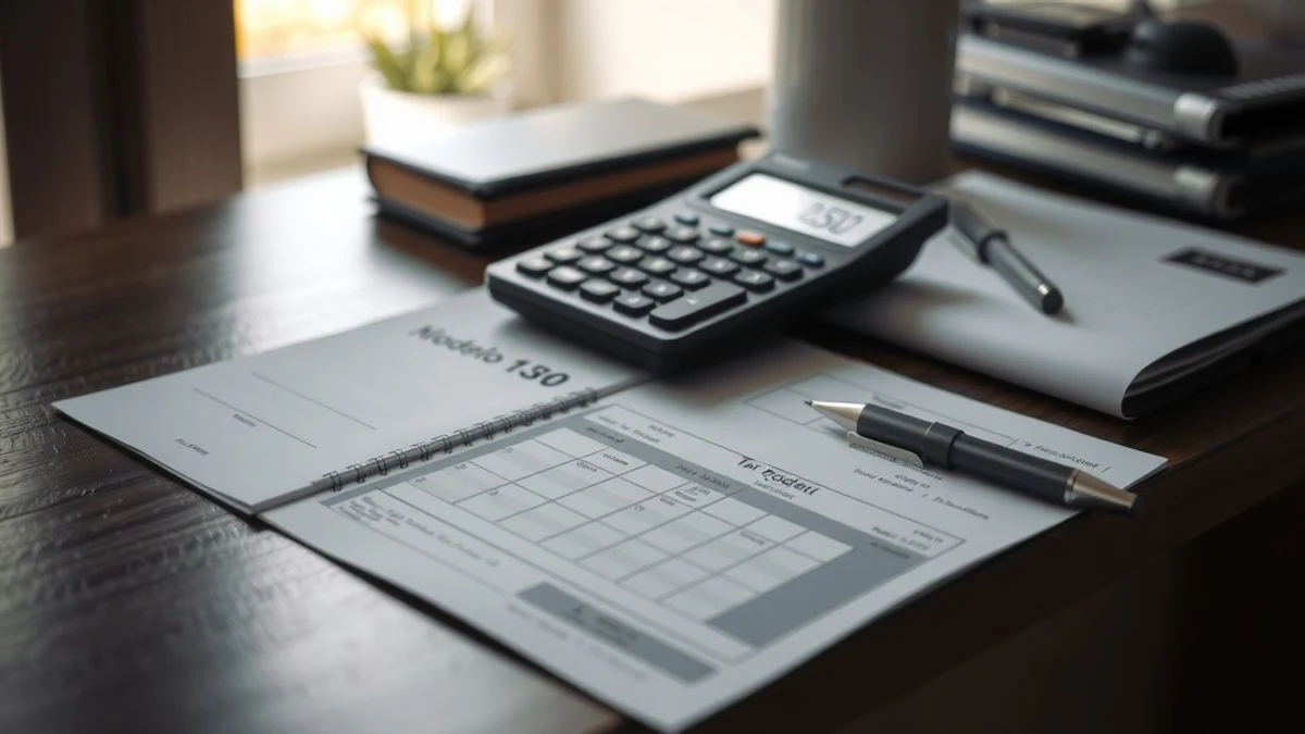 Escritorio con calculadora, formulario de pago fraccionado y bolígrafo, luz natural suave