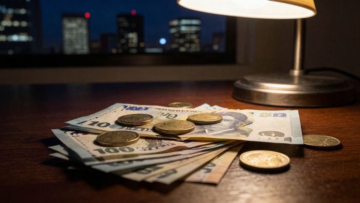 Illustrative image: euro banknotes and coins on a wooden table illuminated by a bedside lamp