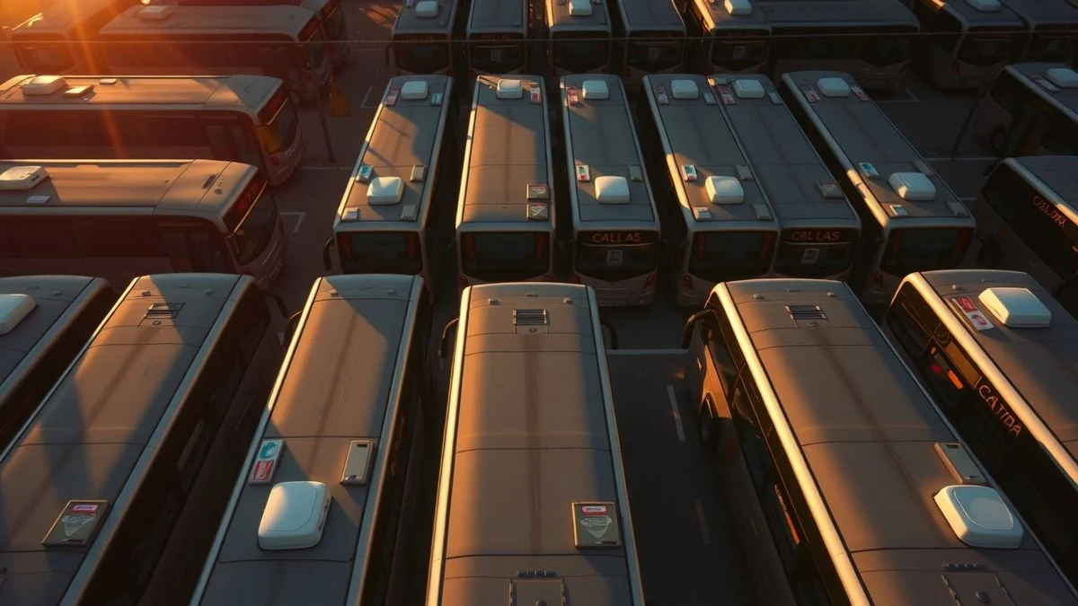 Imagen ilustrativa: vista cenital de un aparcamiento de autocares vacíos al atardecer