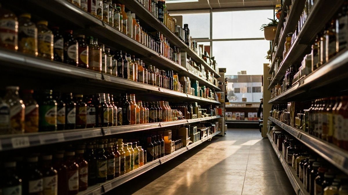 Illustrative image: supermarket aisle with shelves backlit at sunset