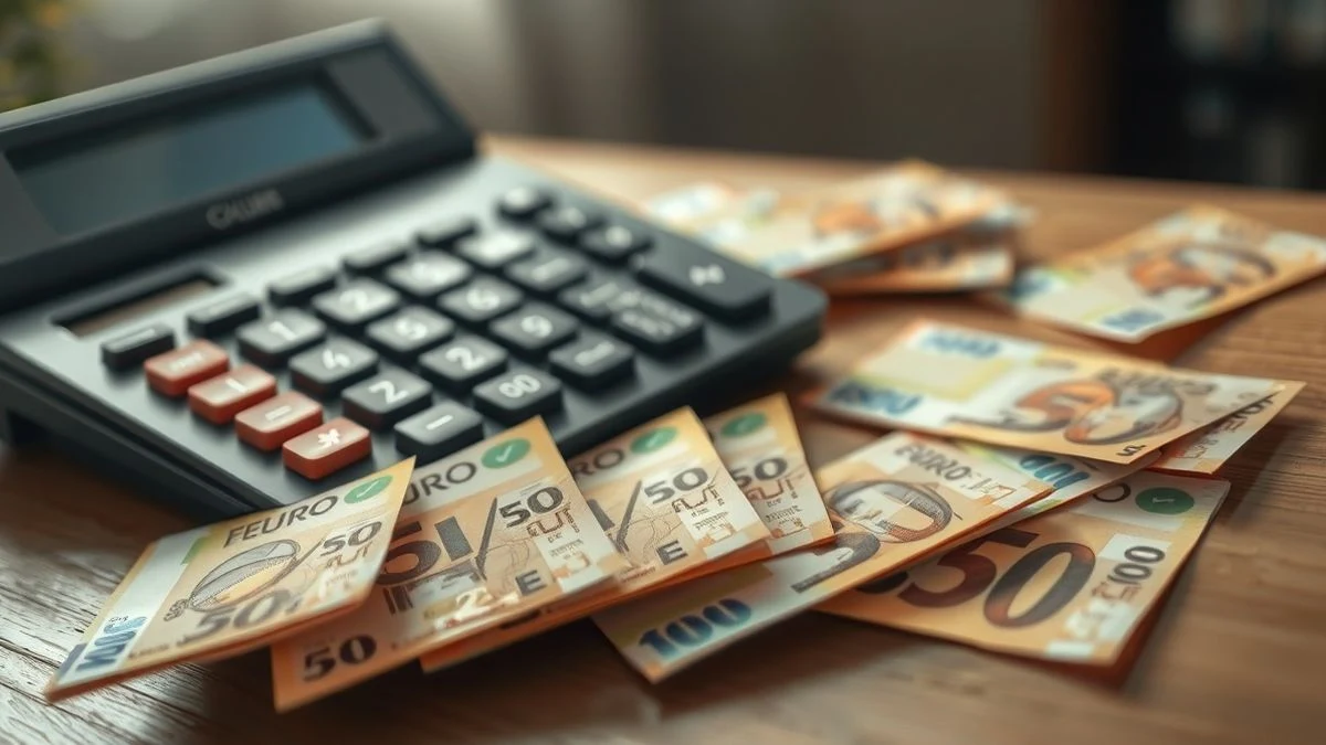 Imagen ilustrativa: primer plano de una calculadora con billetes de euro desordenados, representando el cálculo de costes salariales