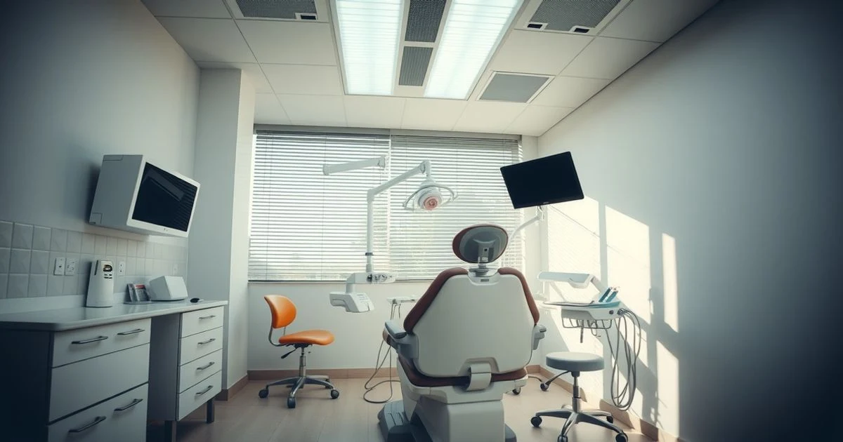 Interior de una clínica dental vacía con equipamiento odontológico