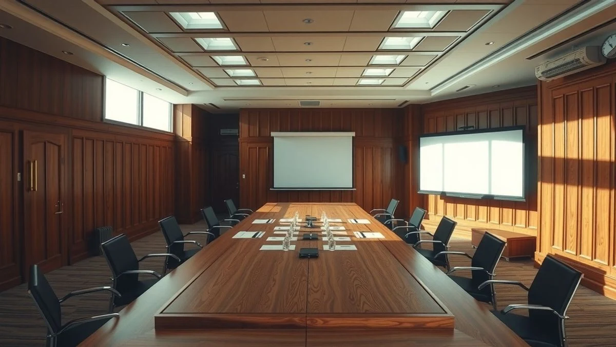 Sala de juntas vacía con documentos sobre la mesa iluminados por luz de ventana