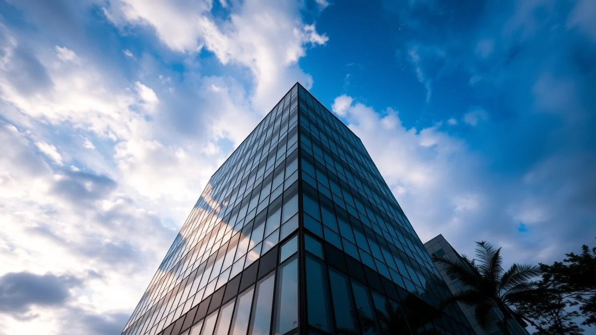 Imagen ilustrativa: ángulo bajo de un edificio de oficinas moderno con cielo nublado de fondo, que evoca el sector asegurador.