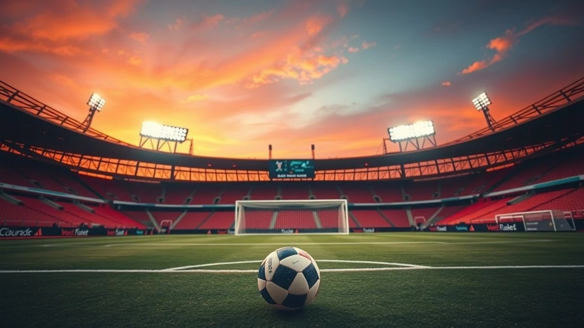 Estadio de fútbol vacío al atardecer con un balón en el área de penalti y los focos encendidos
