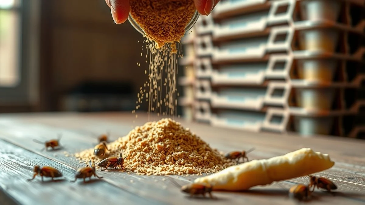 Primer plano de harina de grillo dorada y un churrito de snack sobre una mesa de madera