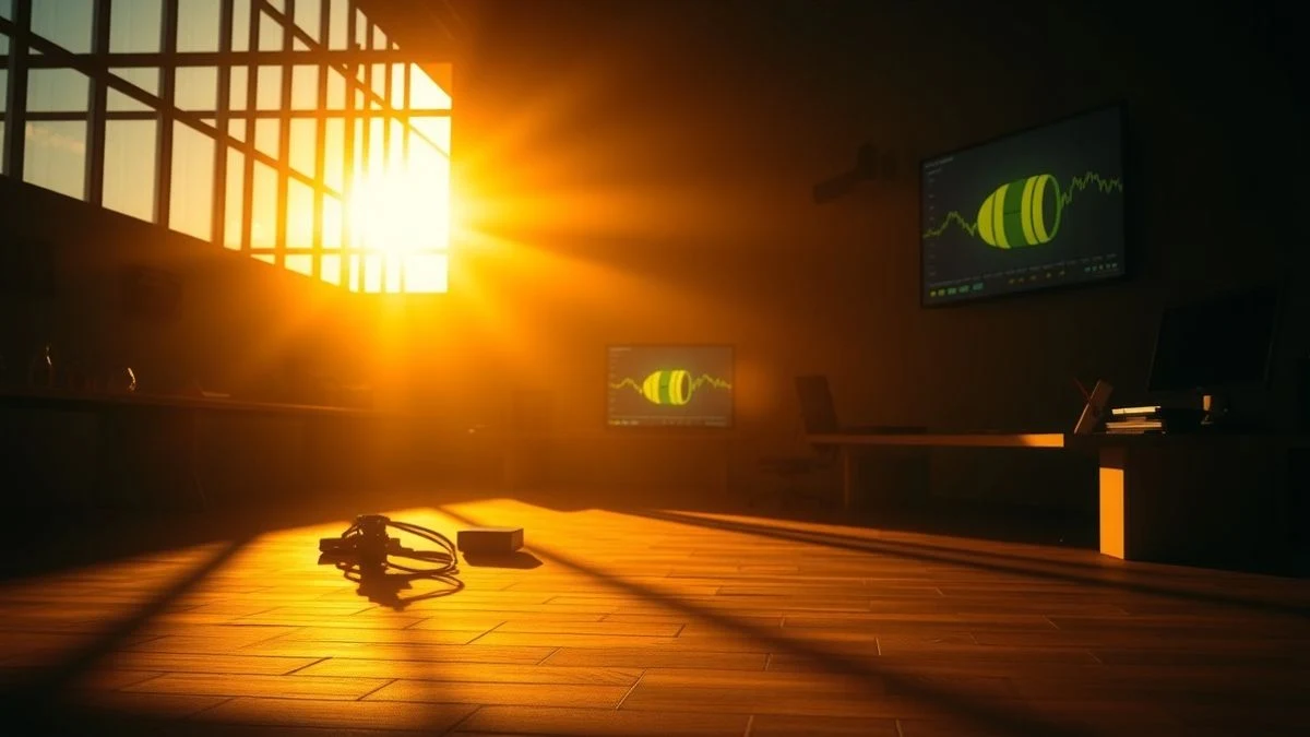 Sala de trading vacía al atardecer con sombras largas y pantallas de bolsa apagadas