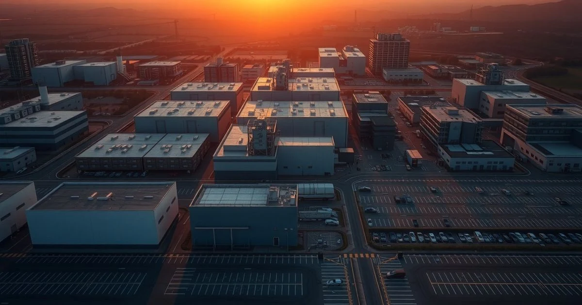 Vista aérea de un complejo de fábricas de semiconductores en Corea del Sur al atardecer, con edificios industriales y sombras largas.