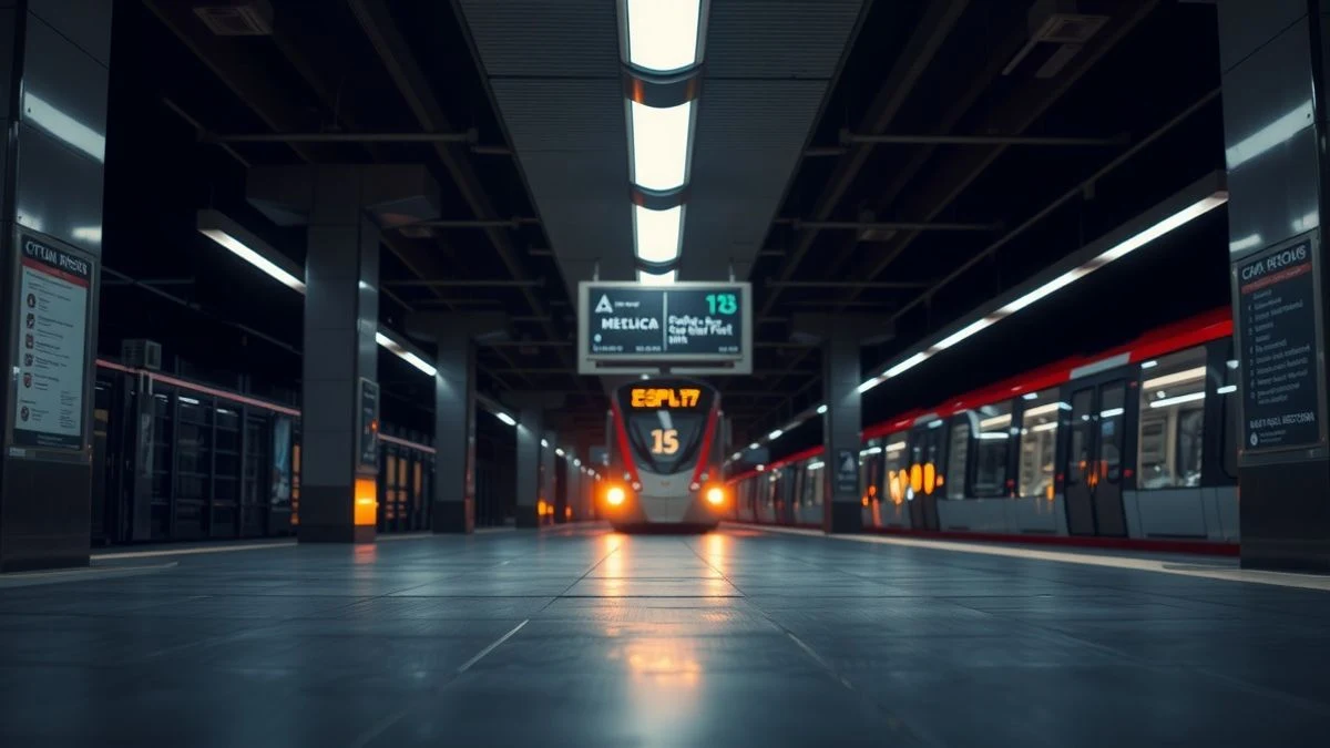 Estación de metro vacía por la noche con luz artificial y un tren acercándose al fondo