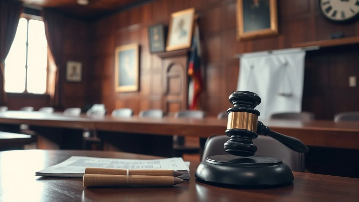 Estrado de un tribunal con martillo y documentos legales, luz natural dramática, sala vacía
