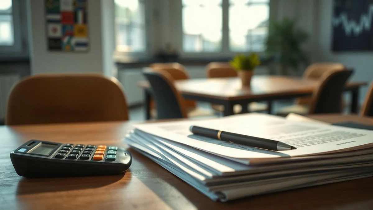 Imagen ilustrativa: documentos con una calculadora y un bolígrafo sobre una mesa de madera en una oficina, con luz natural suave.