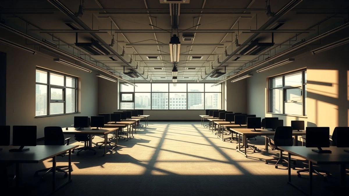 Oficina de startup vacía con luz natural dramática y líneas convergentes de escritorios y ventanas