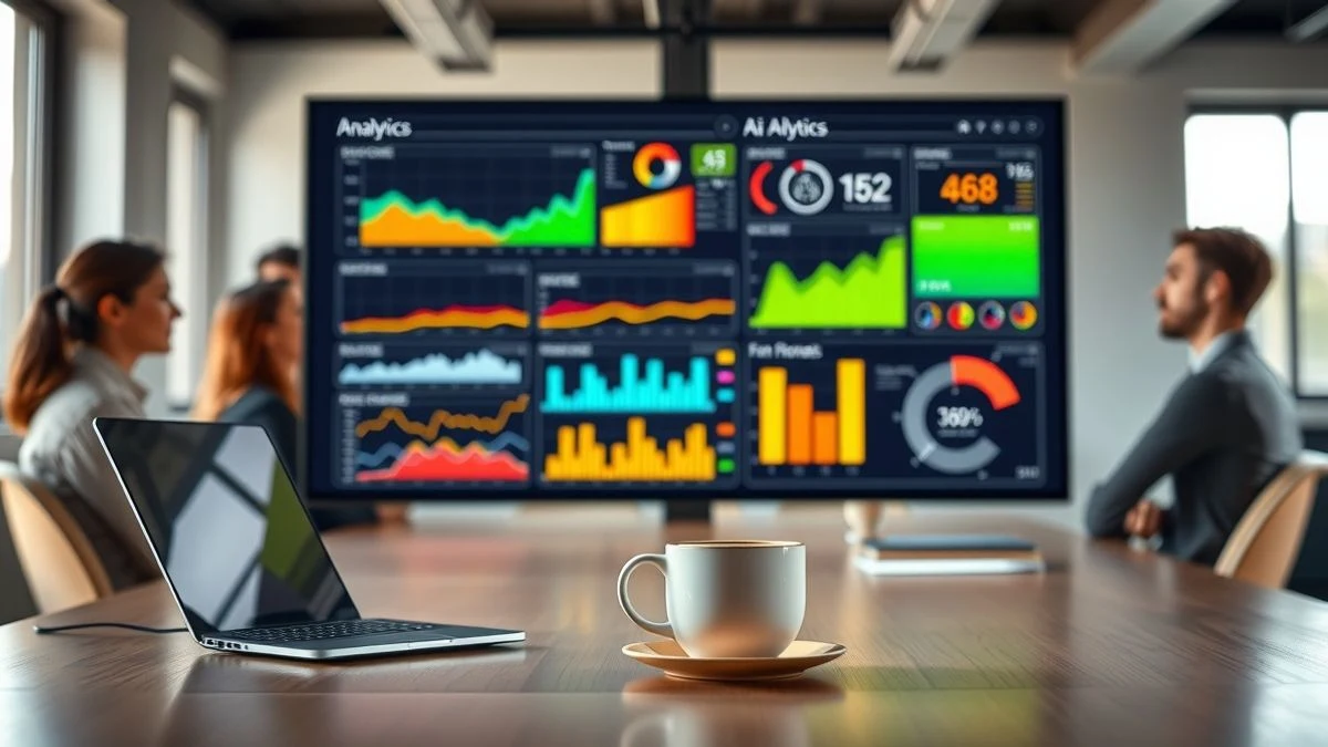Sala de reuniones con pantalla que muestra gráficos de datos y análisis de IA, portátil y taza de café sobre la mesa, fondo desenfocado