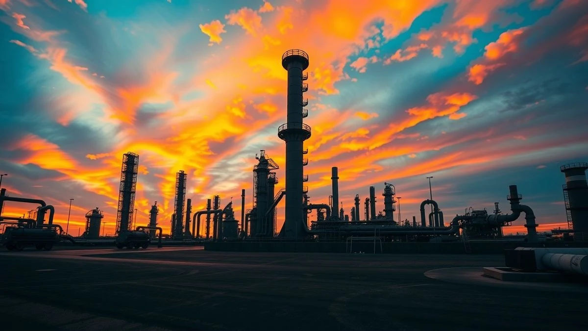 Refinería de petróleo vacía al atardecer con una torre de destilación descentrada