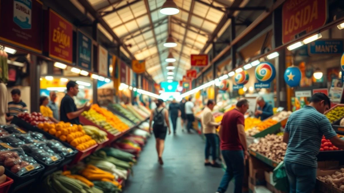 Mercado de alimentos en Bogotá con puestos de frutas y verduras, luz natural dramática
