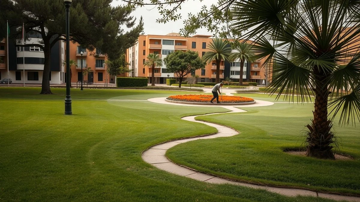 Vista amplia de un parque municipal con un jardinero trabajando en un parterre al fondo