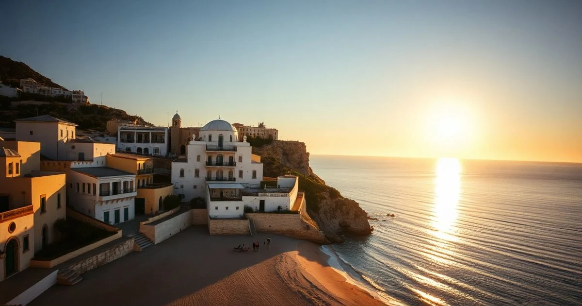Vista aérea de la costa mediterránea con edificios blancos y mar al atardecer
