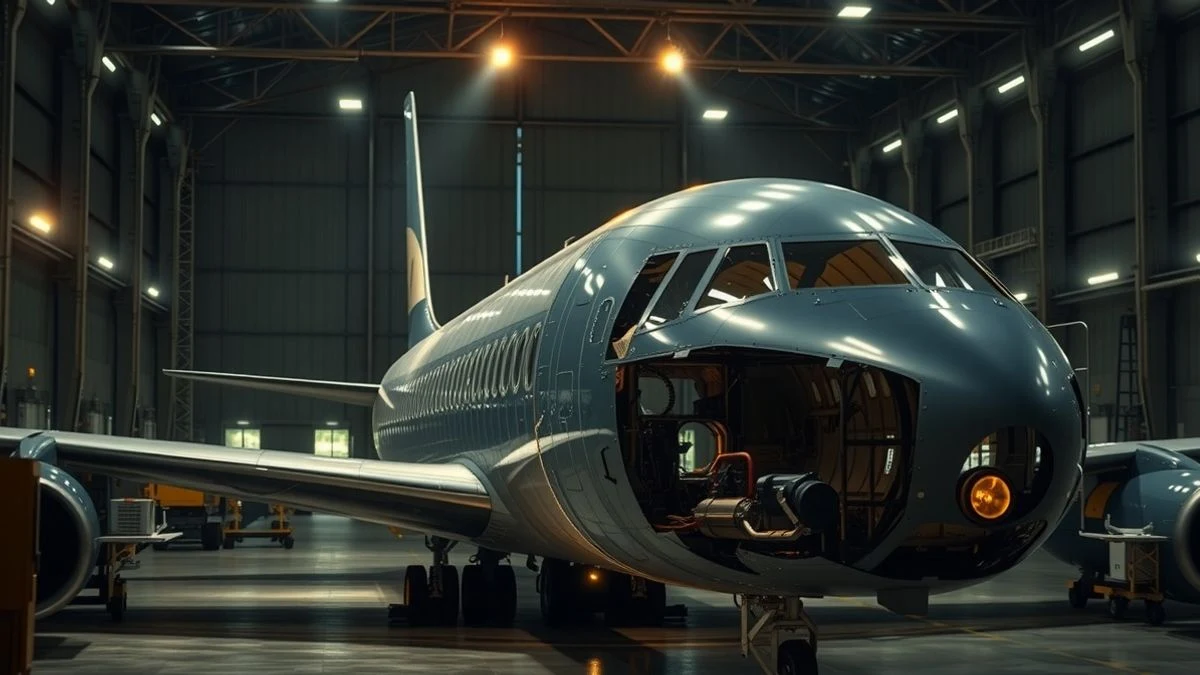 Interior de un hangar de ensamblaje con un fuselaje de avión A400M iluminado por focos nocturnos
