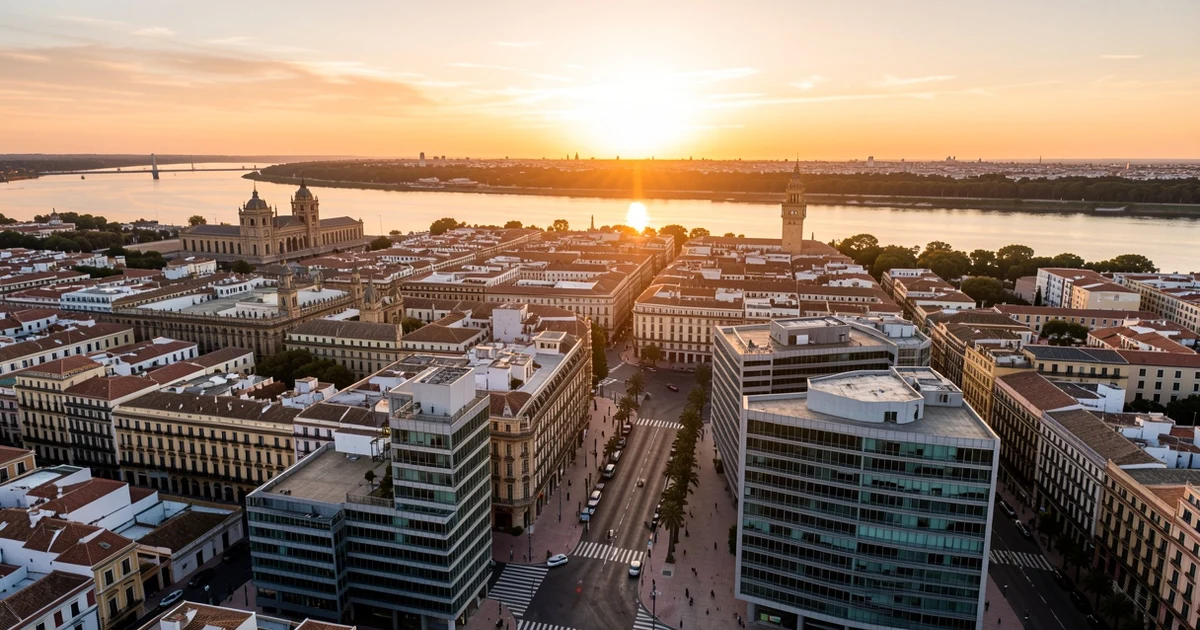 Vista aérea de Sevilla al atardecer con el río Guadalquivir y la Torre del Oro
