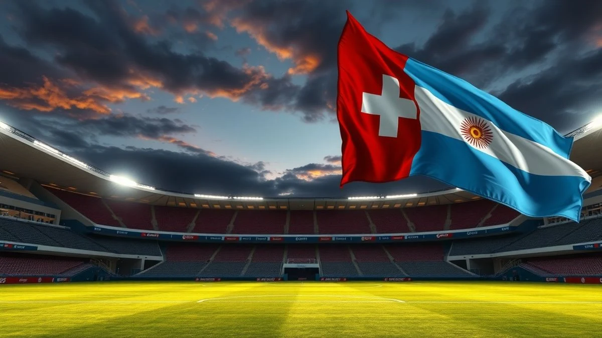 Estadio de fútbol vacío con banderas de Suiza y Argentina al atardecer