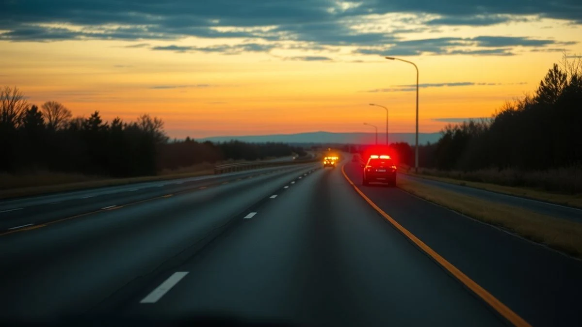 Carretera vacía en Maryland al atardecer con un coche detenido en el arcén y luces de emergencia al fondo
