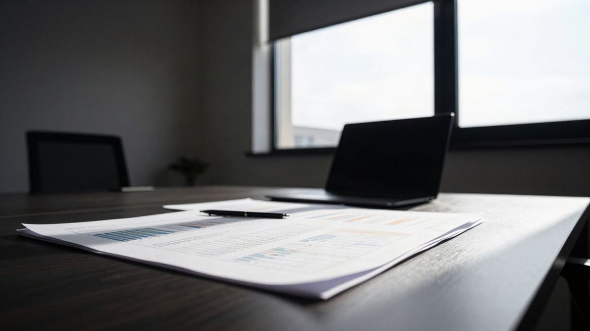 Illustrative image: modern office with financial documents and a laptop on a desk, without people or identifiable elements.