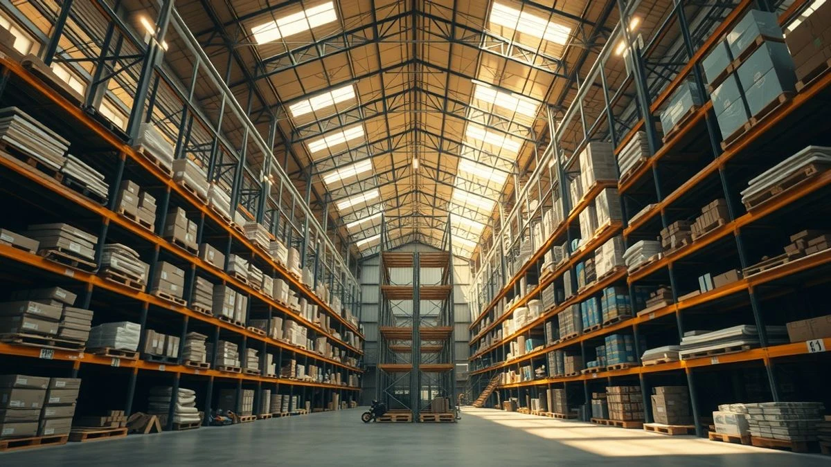 Interior de un almacén de materiales de construcción con estanterías metálicas y luz natural