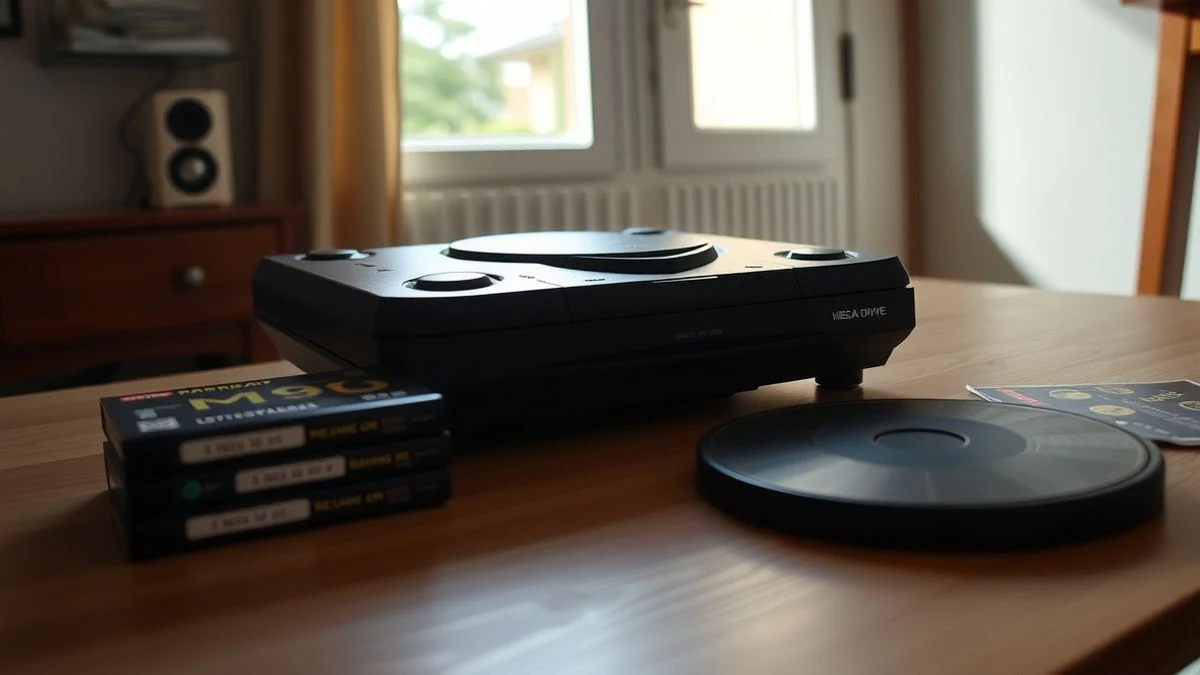 Imagen ilustrativa: una consola retro SEGA sobre una mesa de madera, con cartuchos de juegos y un disco junto a ella, iluminación natural suave