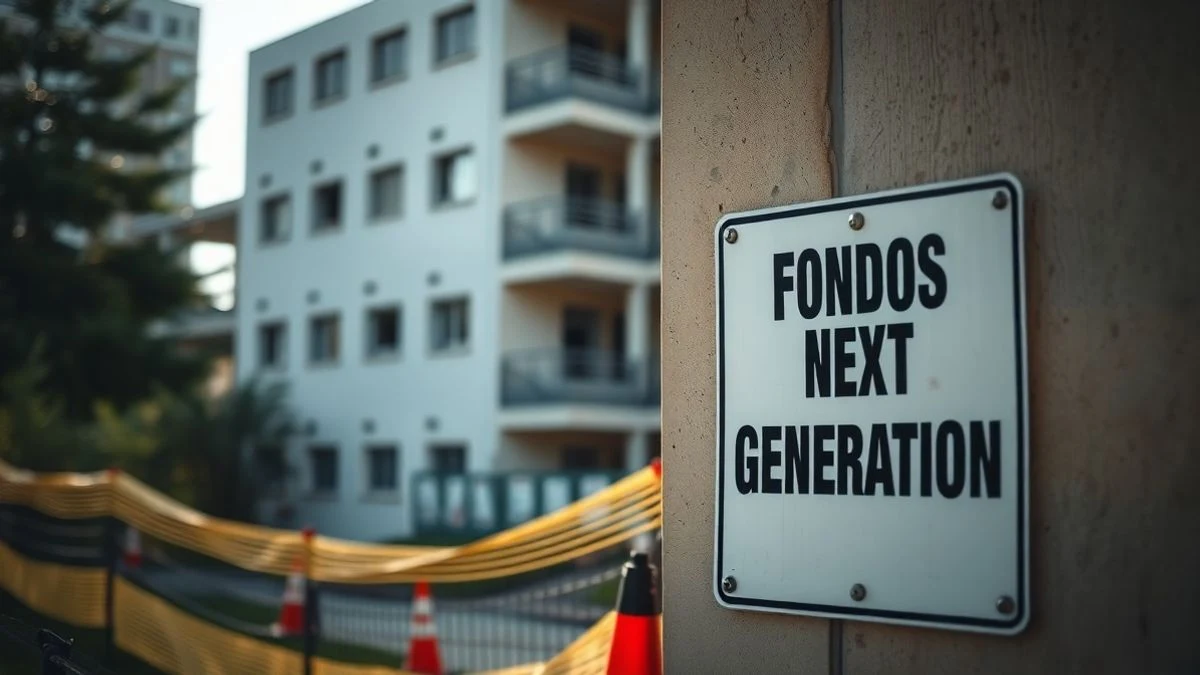 Detalle de una valla de obra con cartel de Fondos Next Generation, al fondo un hospital en obras