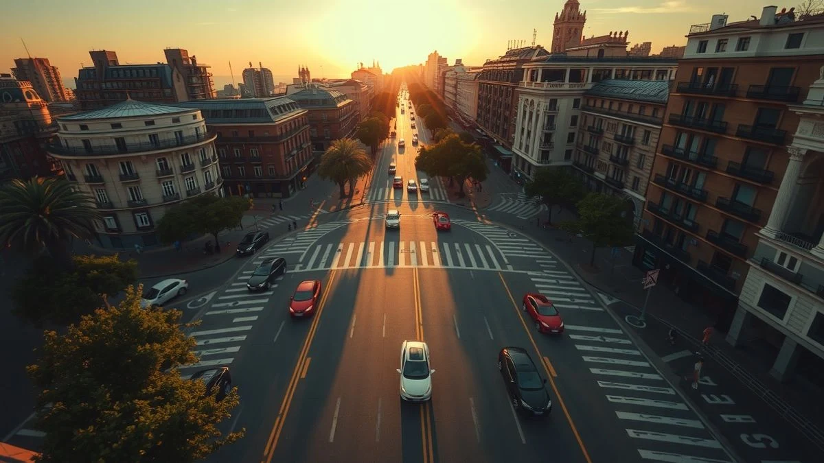 Imagen ilustrativa: vista cenital de una intersección urbana con semáforos y tráfico, sin personas visibles.