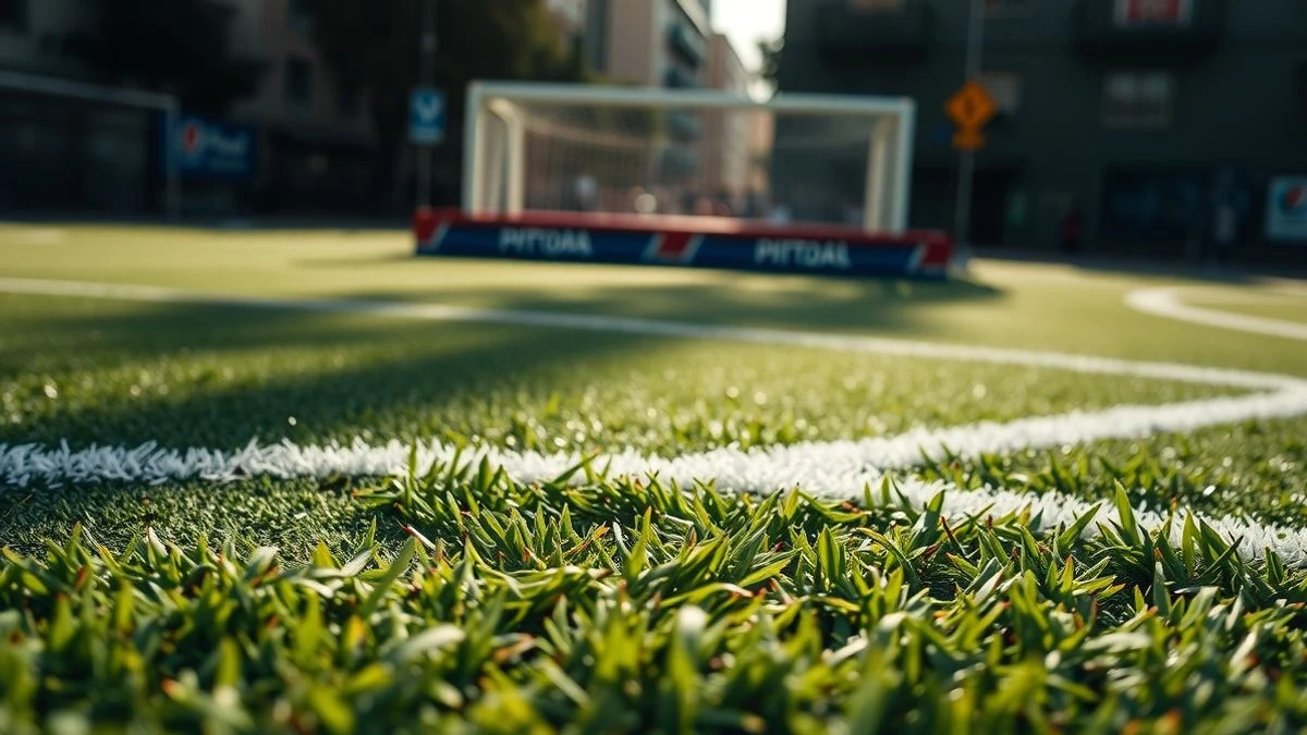 Detalle del césped sintético de una cancha de fútbol con líneas blancas, al fondo siluetas de mascotas desenfocadas