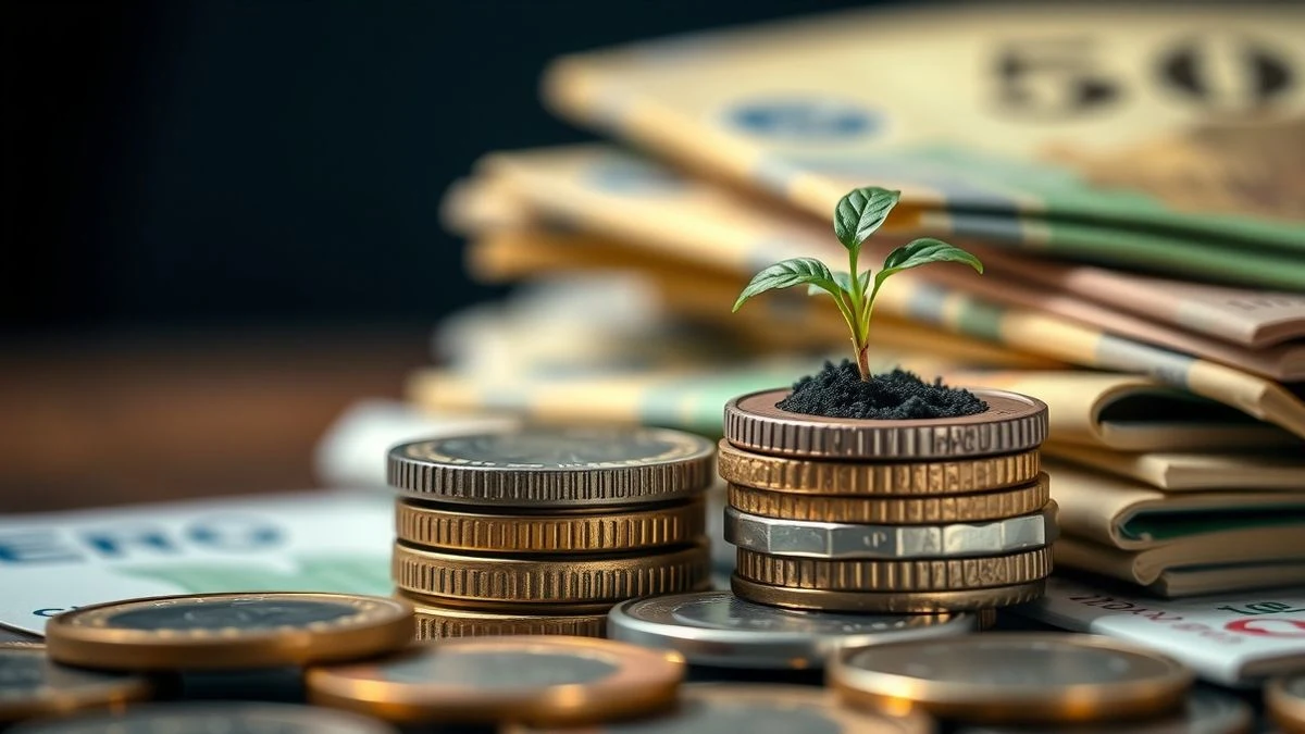 Imagen ilustrativa: monedas y billetes de euro con una planta creciendo, simbolizando inversión y crecimiento económico.