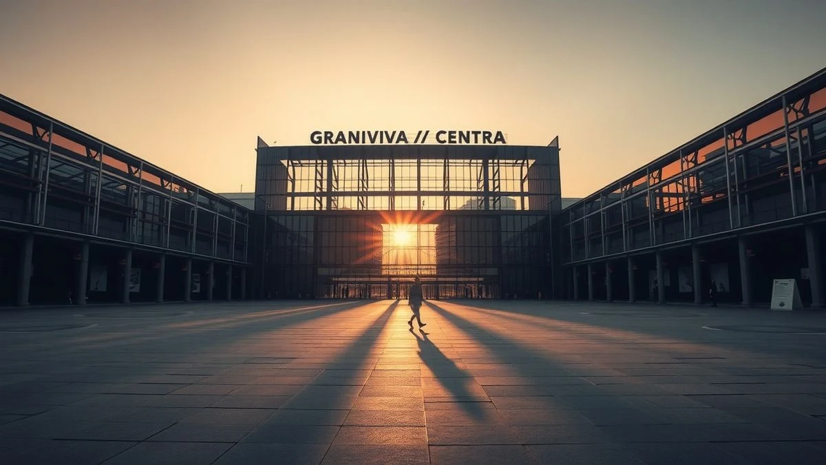 Imagen ilustrativa: vista general del recinto ferial de Gran Via en Barcelona al atardecer, con una figura solitaria de espaldas.