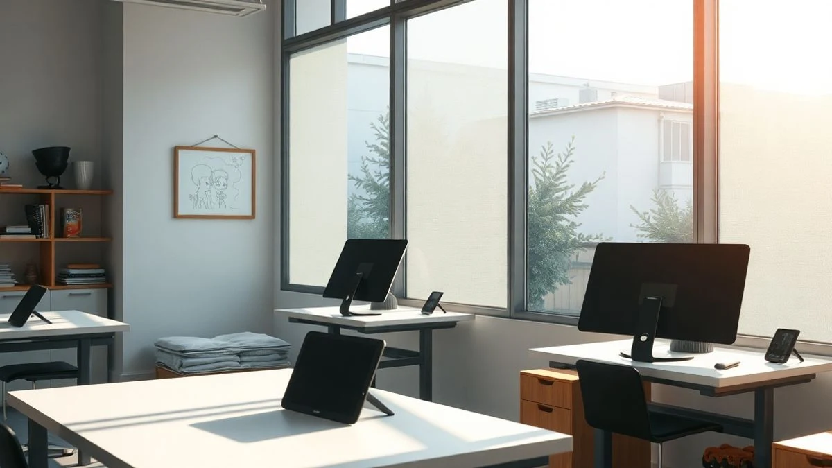 Interior de un estudio de animación con luz natural, mesas con ordenadores y tablets de dibujo, storyboard en la pared y una figura de personaje animado en una estantería.