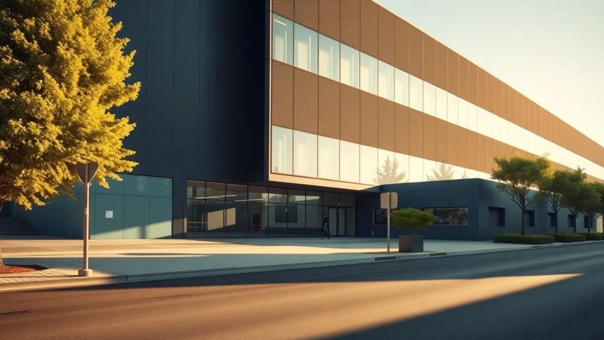 Imagen ilustrativa: fachada de un edificio de oficinas con líneas convergentes bajo la luz de la mañana.