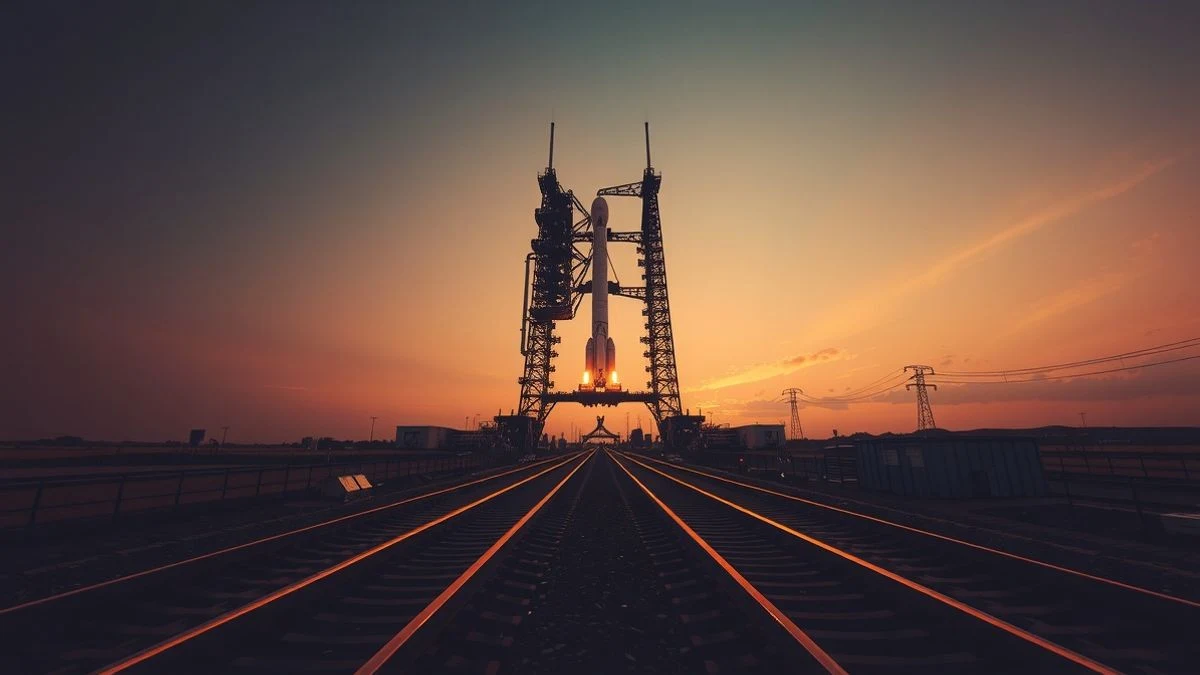 Plataforma de lanzamiento vacía al atardecer con torre de servicio y vías de ferrocarril convergentes