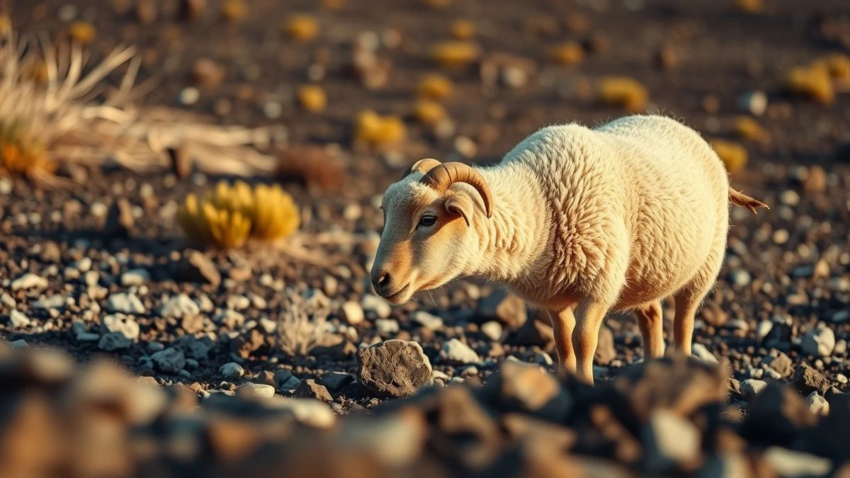 Oveja pastando en un campo volcánico de Lanzarote con luz de atardecer