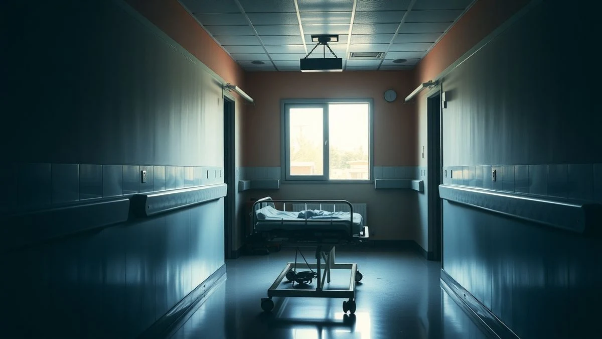 Pasillo vacío de un hospital con una camilla al fondo, luz natural dramática