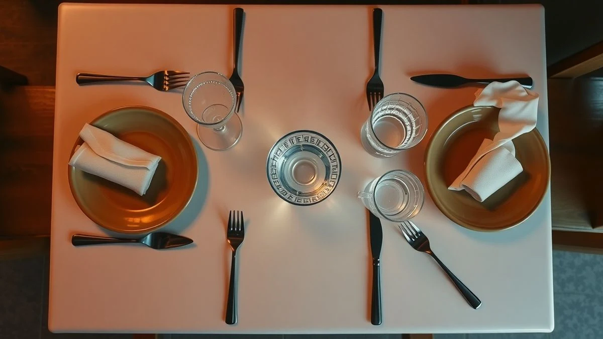 Imagen ilustrativa: vista cenital de una mesa de restaurante con platos, cubiertos y un vaso de agua, iluminación cálida