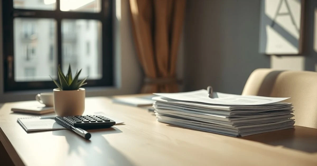 Escritorio con documentos fiscales y calculadora, iluminado por luz natural.
