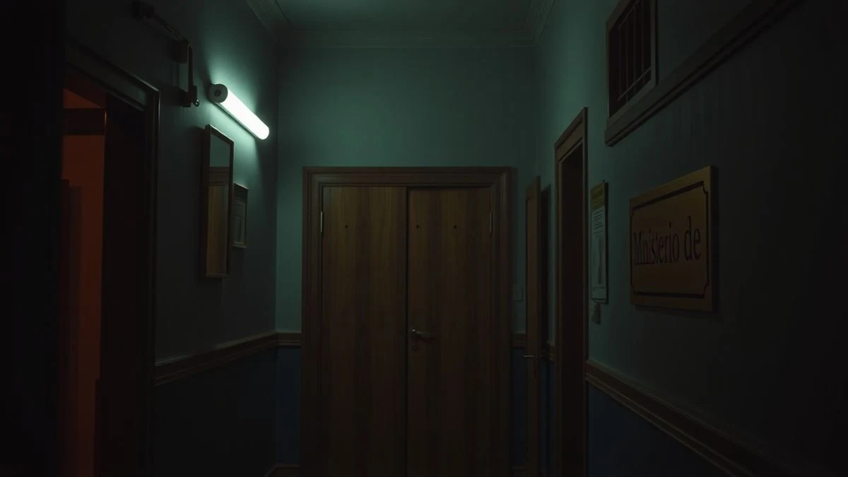 Imagen ilustrativa: pasillo de un edificio gubernamental con luz tenue y una puerta de madera con placa.