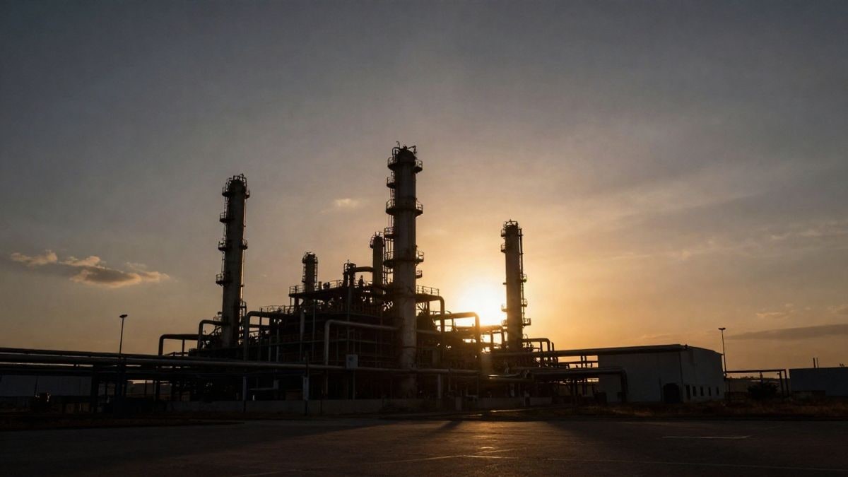 Imagen ilustrativa: silueta de una planta industrial con torres y tuberías a contraluz al atardecer