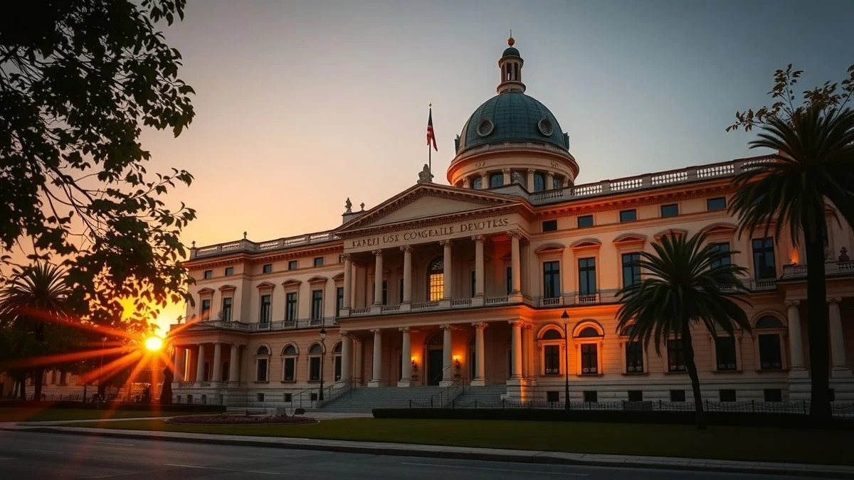 Imagen ilustrativa: edificio del Congreso de los Diputados al atardecer, con sombras largas y líneas convergentes de la arquitectura.